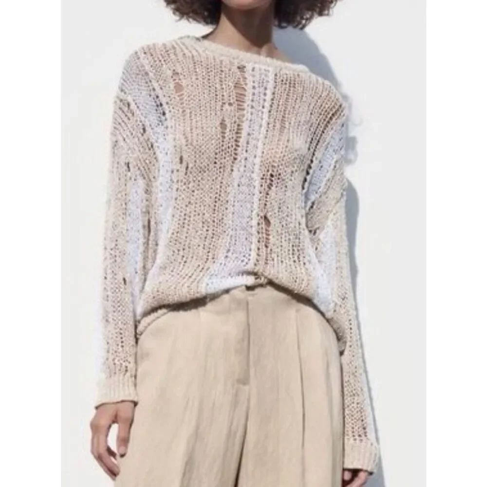 Zara Tan & White Open knit Elongated Sweater(Size Small)